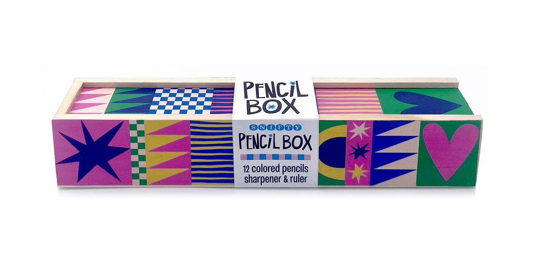 WOODEN PENCIL BOX + COLORED PENCILS - GEO LOVE